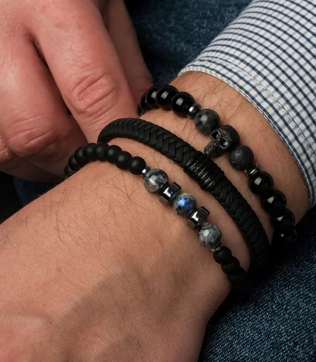 Zestaw bransoletek męskich kamień naturalny z czaszką