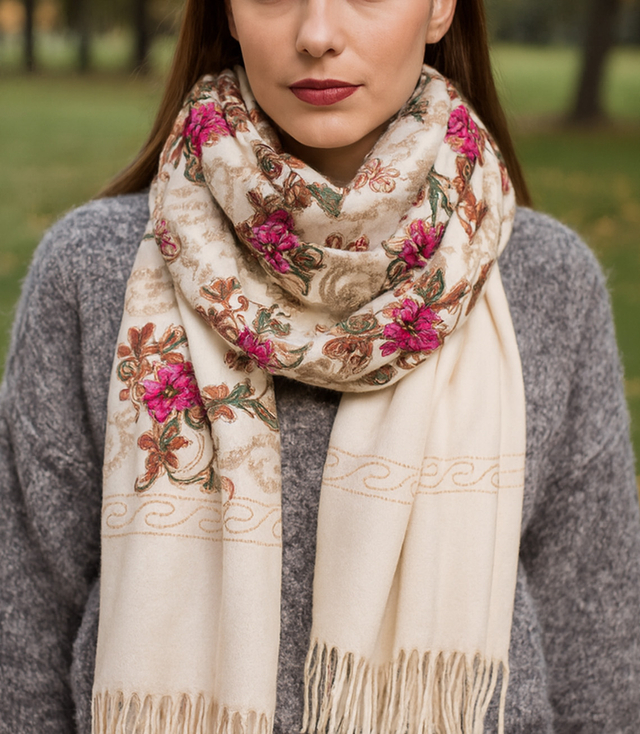 Women's folklore scarf with flower motif and tassels