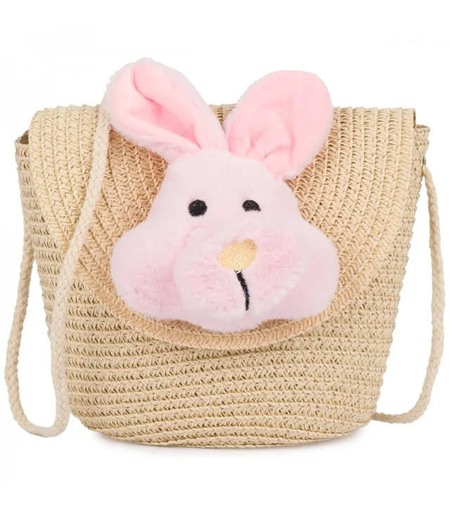 Children's straw bag with plush bunny 