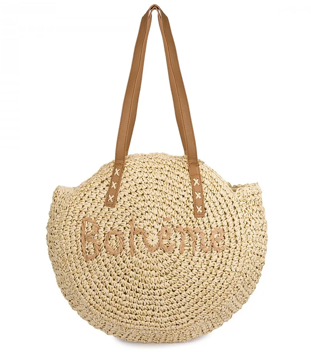 Round braided boho handbag with "Bohème" lettering