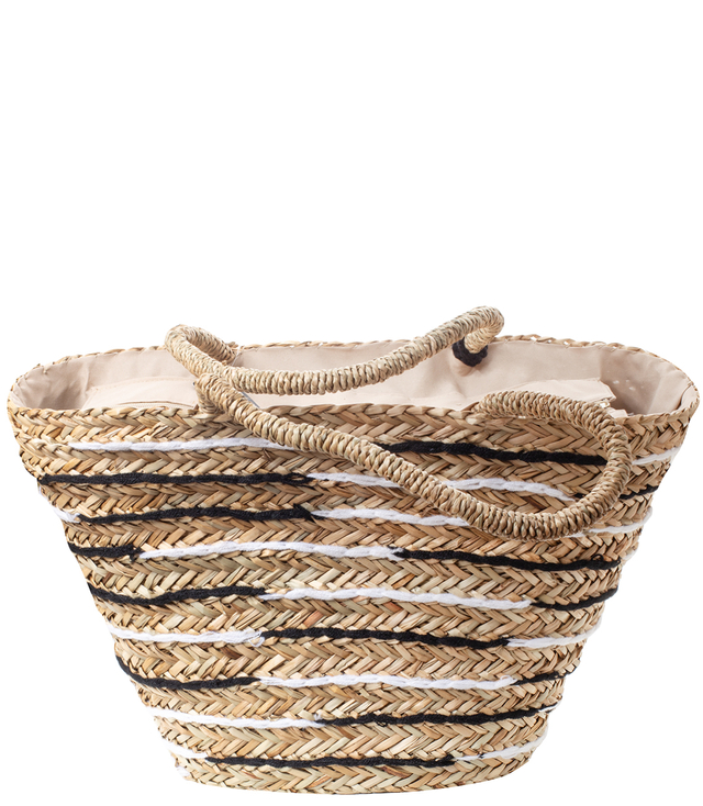 Mega large summer bag braided basket with lining and pom-poms 