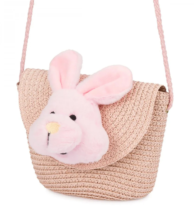 Children's straw bag with plush bunny 