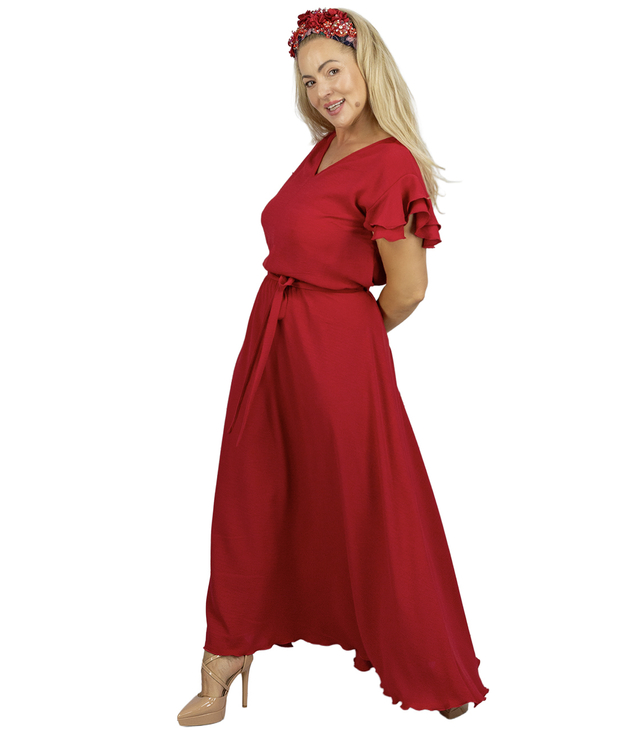 Long dress tied at the waist with short sleeves with frill CELINA