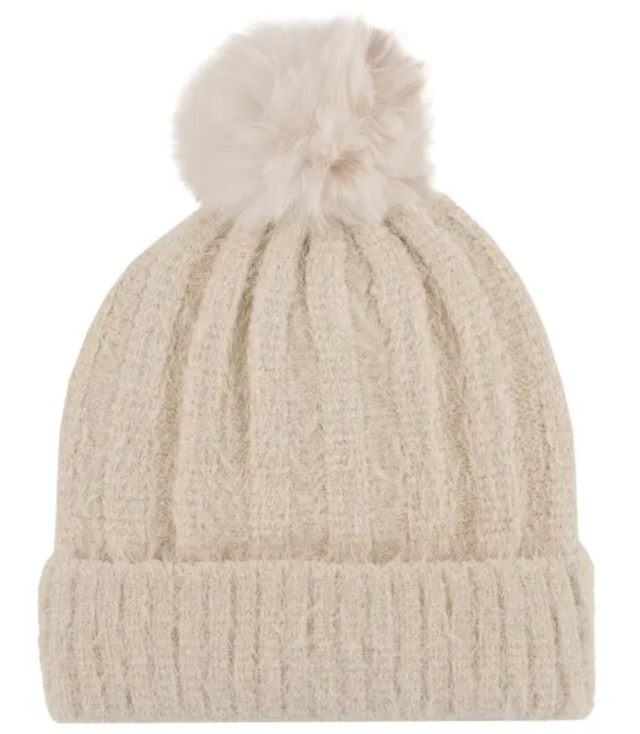 Warm women's beanie with pom-pom in ribbed weave autumn winter