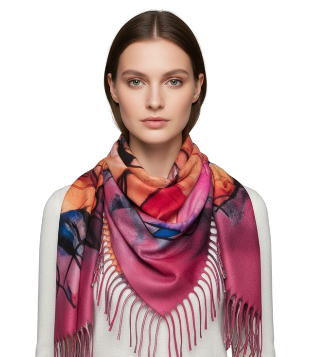 Abstract shawl scarf multicolored elegant with tassels