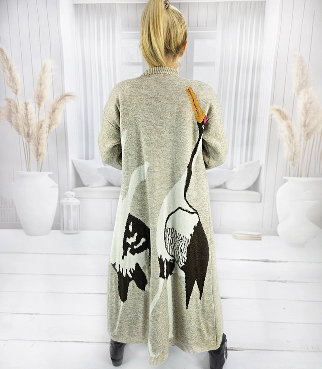 Long cardigan sweater bird print cashmere GRACE