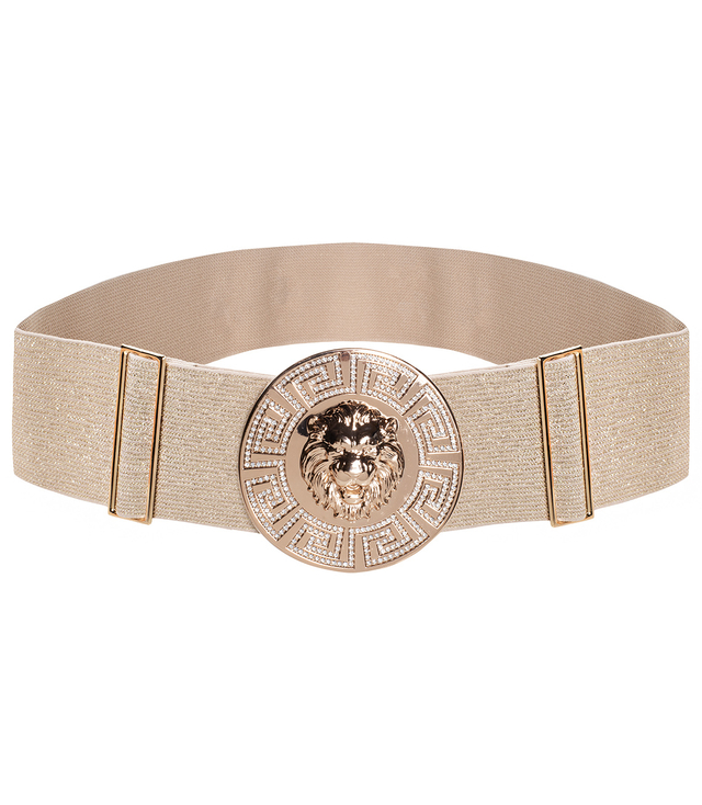 Women's belt with a gold lion and zircons, adjustable and elastic