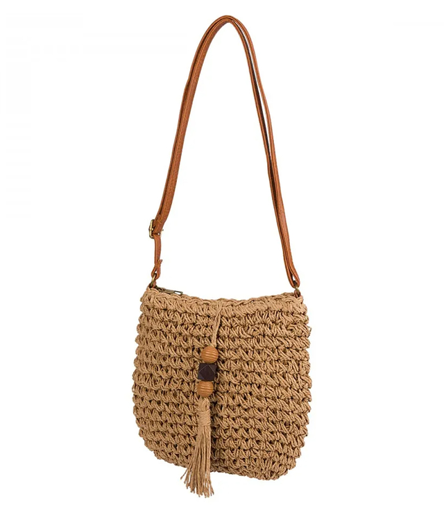 Small summer shoulder bag made of paper raffia adjustable strap