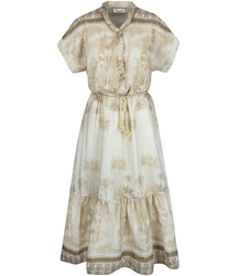 Midi safari print summer dress with a stand-up collar and a NEL belt