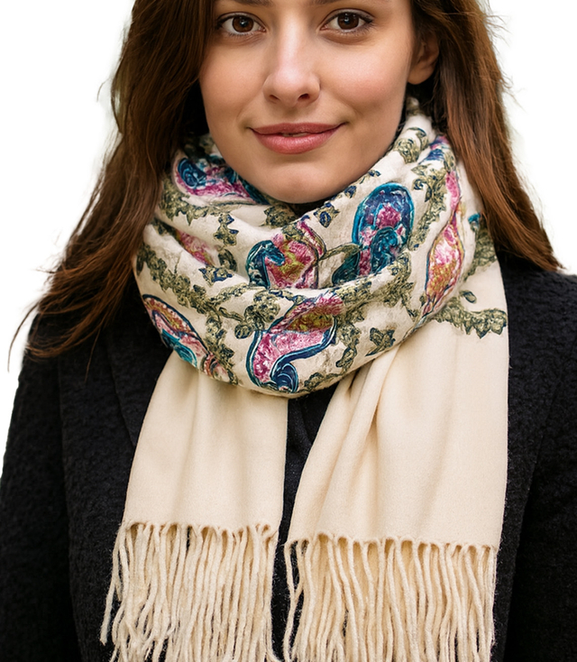 Women's scarf with embroidered pattern and tassels
