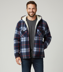 Warm fleece men's plaid shirt with hood insulated with faux fur