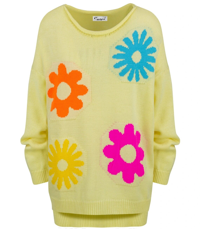 Women's sweater in colorful flowers with a longer back LILANA