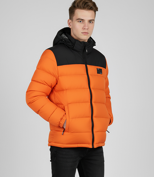 Warm men's quilted winter jacket with hood