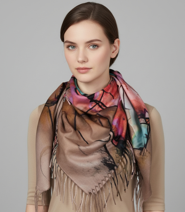 Abstract shawl scarf multicolored elegant with tassels