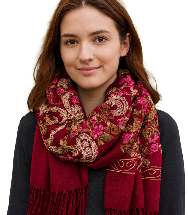 Women's folklore scarf with flower motif and tassels