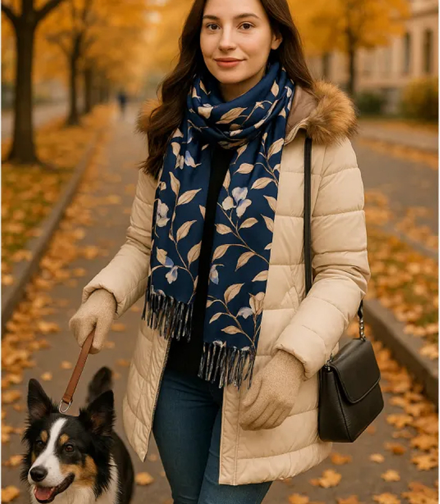 Women's scarf with a motif of small flowers tassels