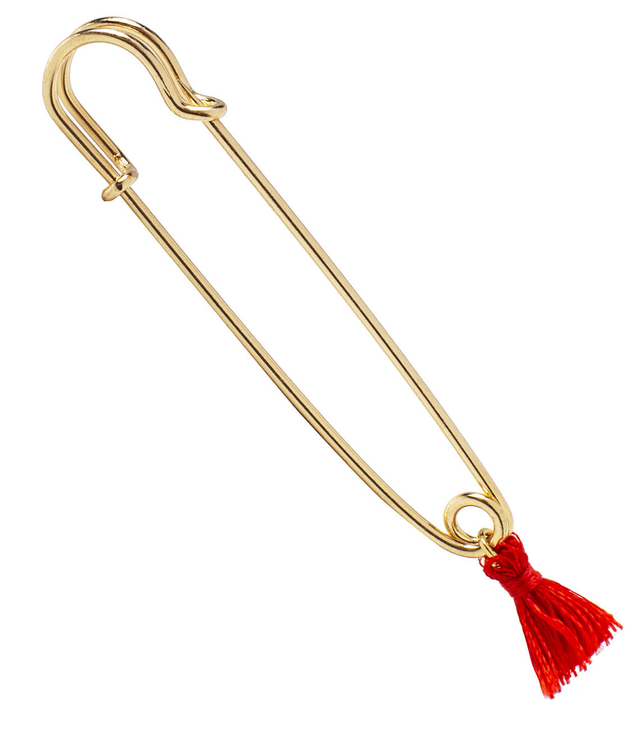 Large gold safety pin with tassel LUCK brooch