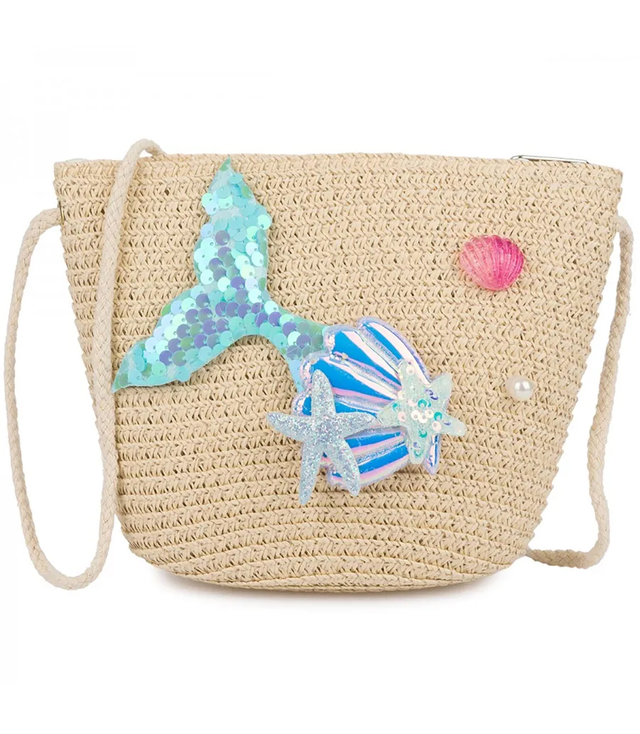 Children's Straw Handbag with Mermaid Tail and Shells