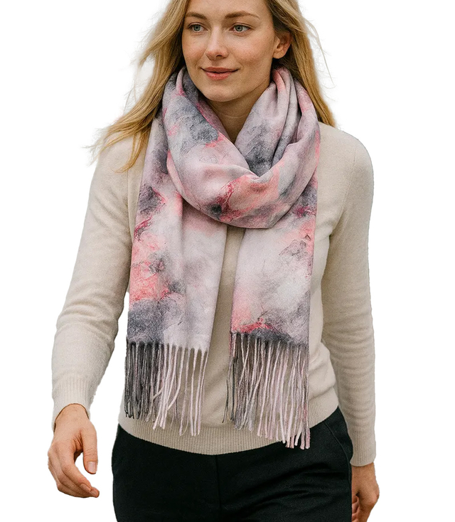Women's scarf with floral motif and tassels elegant