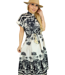 Midi safari print summer dress with a stand-up collar and a NEL belt