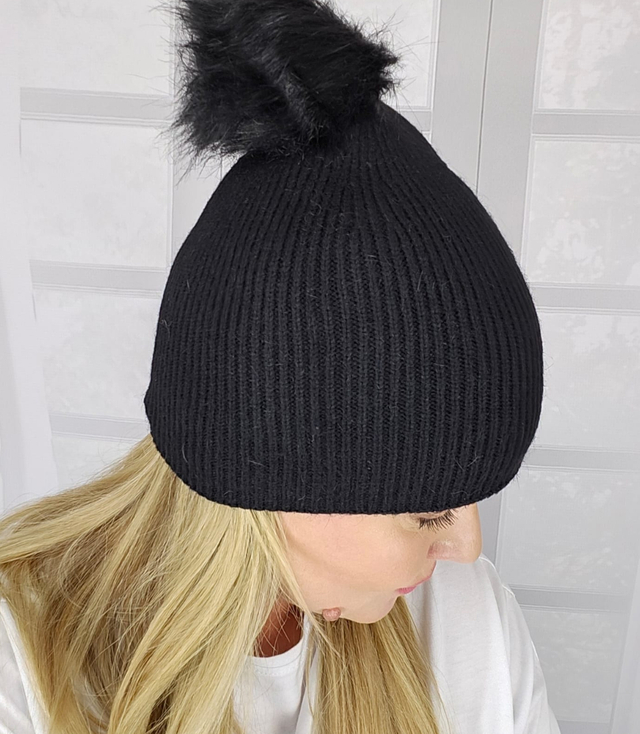 Warm women's beanie with pompon winter autumn ribbed monochrome hat