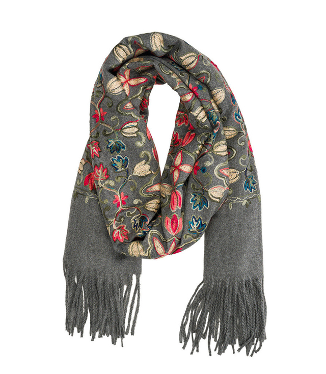 Women's scarf with embroidered pattern and tassels