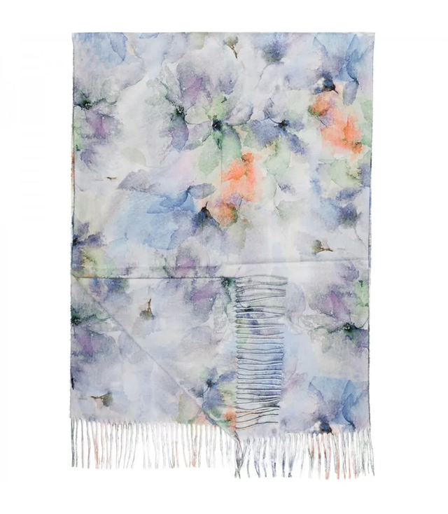 Women's scarf with floral motif and tassels elegant