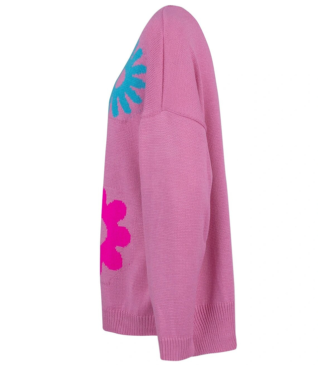 Women's sweater in colorful flowers with a longer back LILANA