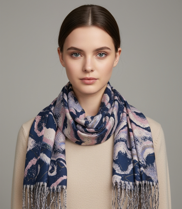 Wavy delicate pattern scarf with tassels