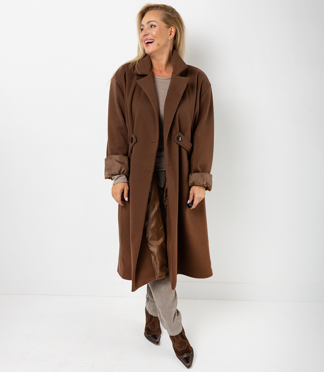 Women's long oversize coat with decorative belt KASIA