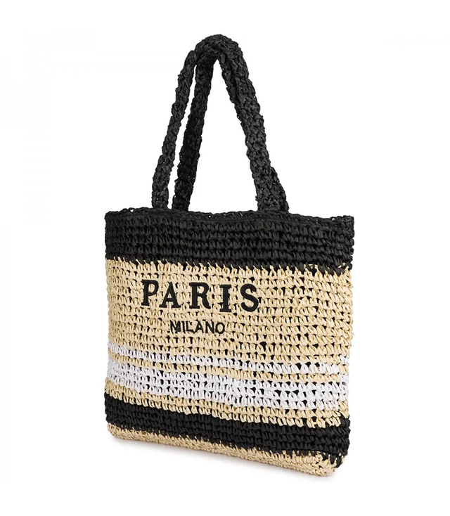 Large plaid shuttle bag with horizontal stripes with PARIS lettering