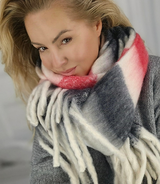 Warm scarf, stripes, fluffy knitwear