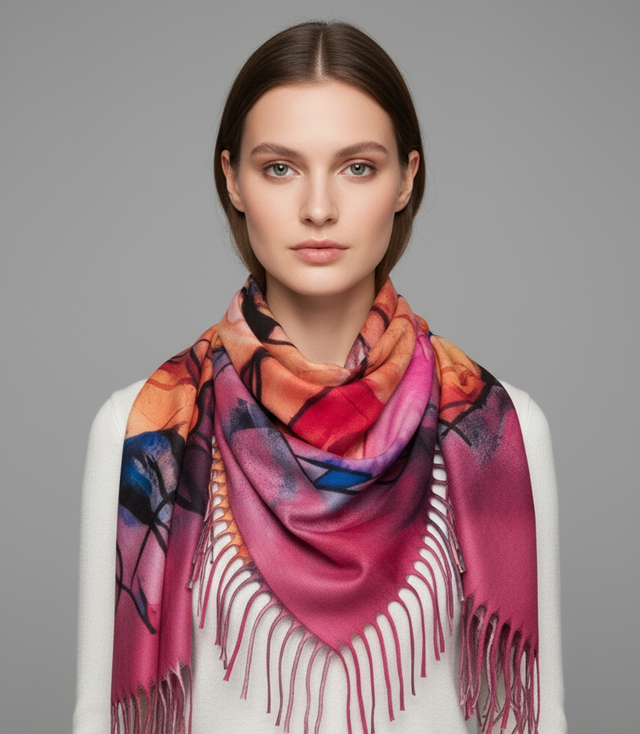 Abstract shawl scarf multicolored elegant with tassels