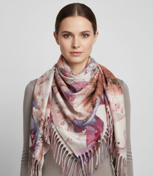 Women's scarf with watercolor delicate pattern and tassels