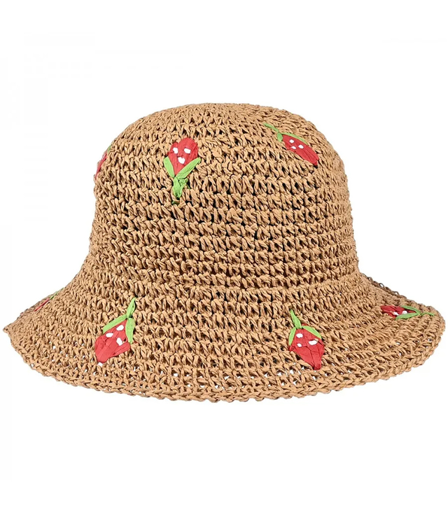 Kapelusz damski letni słomkowy z haftem truskawek BUCKET HAT