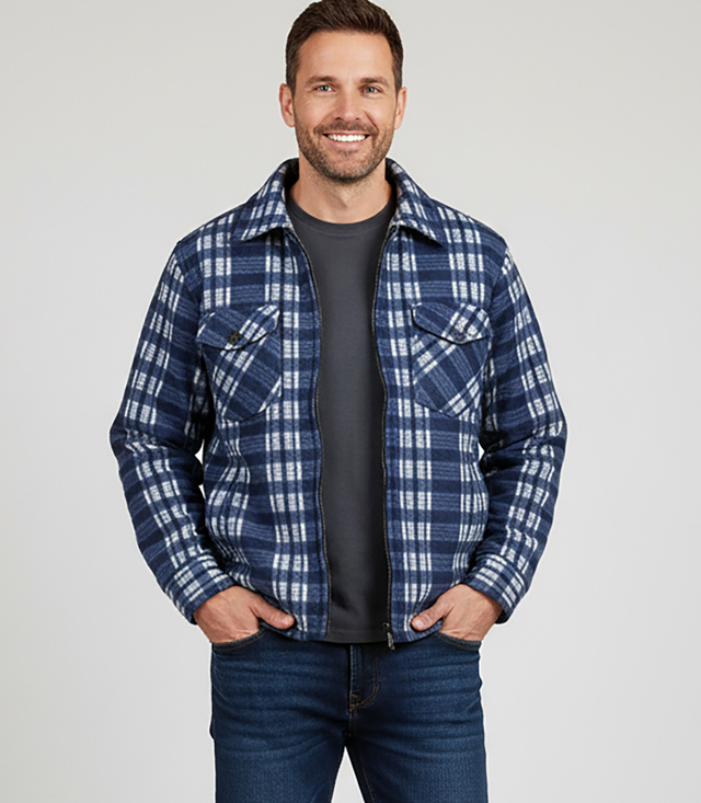 Warm fleece checked men's shirt insulated with faux fur