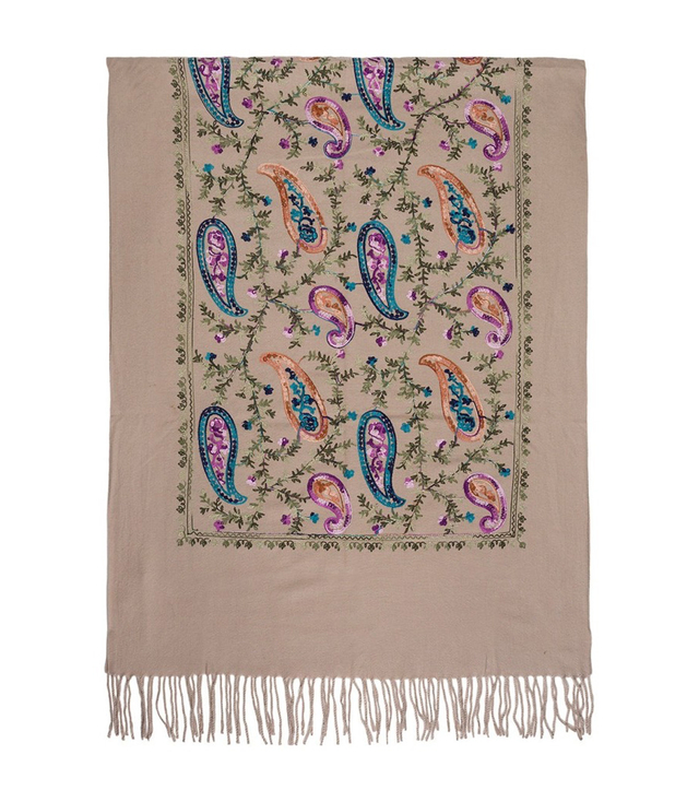Szal damski z wzorem roślinnym i frędzlami