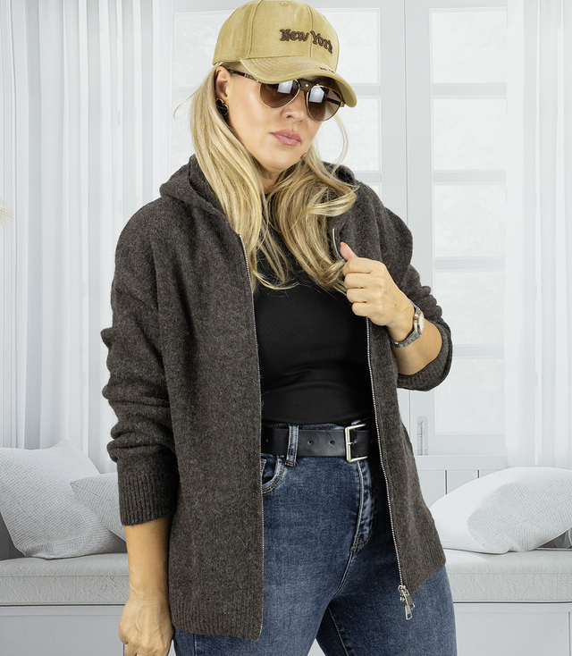 Short unzipped hooded cardigan sweater with zipper NORA