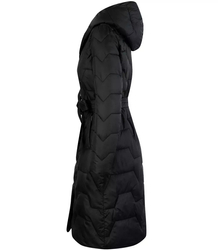 Long winter coat, jacket tied at the waist