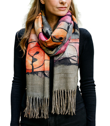 Women's scarf with abstract motif tassels