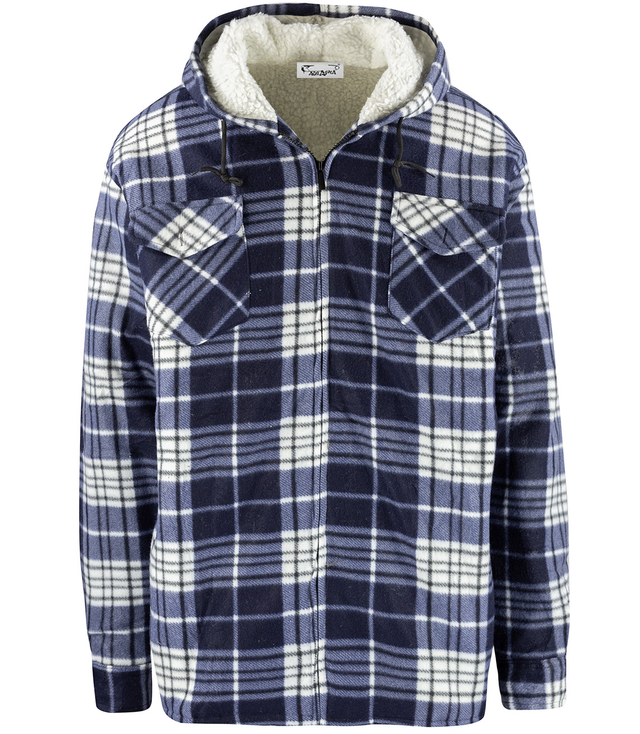 Warm fleece men's plaid shirt with hood insulated with faux fur