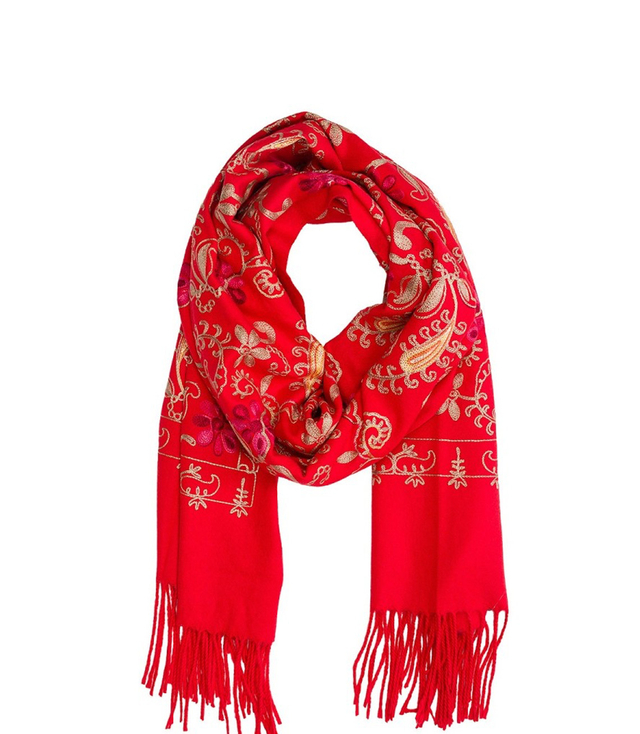 Women's folklore scarf with flower motif and tassels