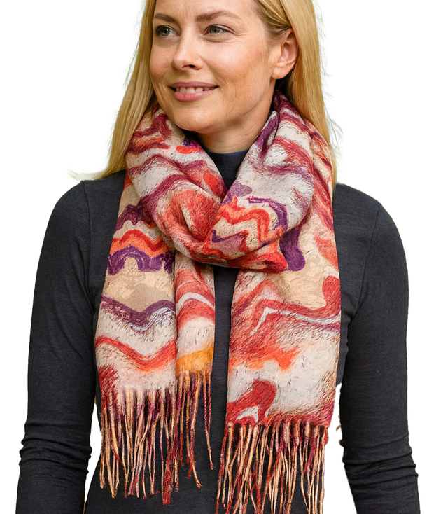 Women's scarf with geometric motif tassels