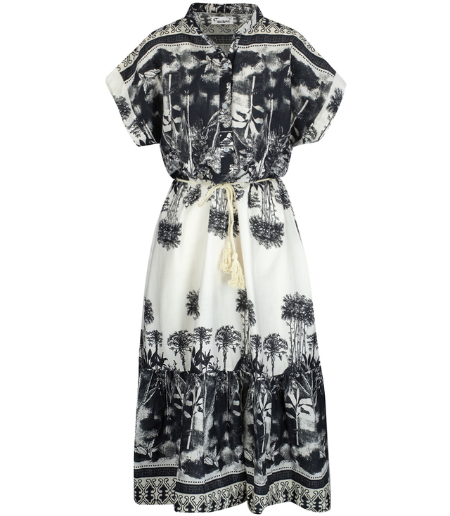 Midi safari print summer dress with a stand-up collar and a NEL belt