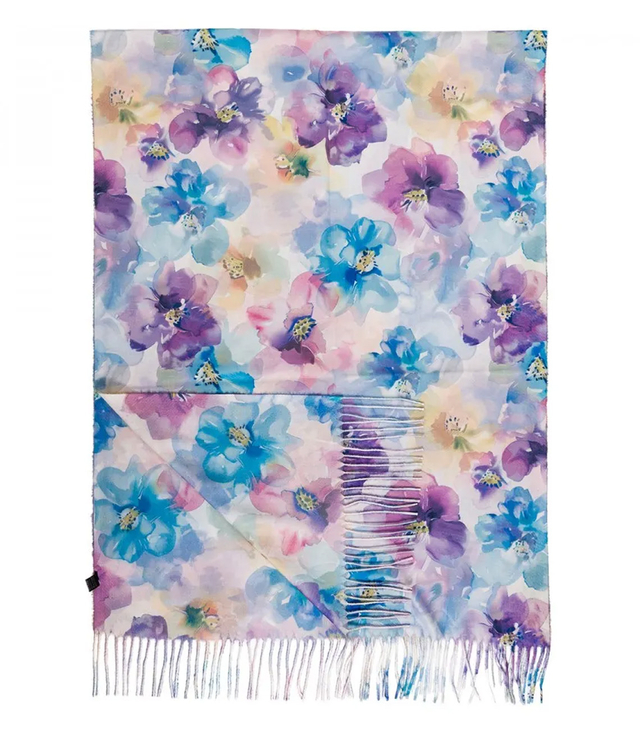 Women's scarf with floral motif and tassels elegant