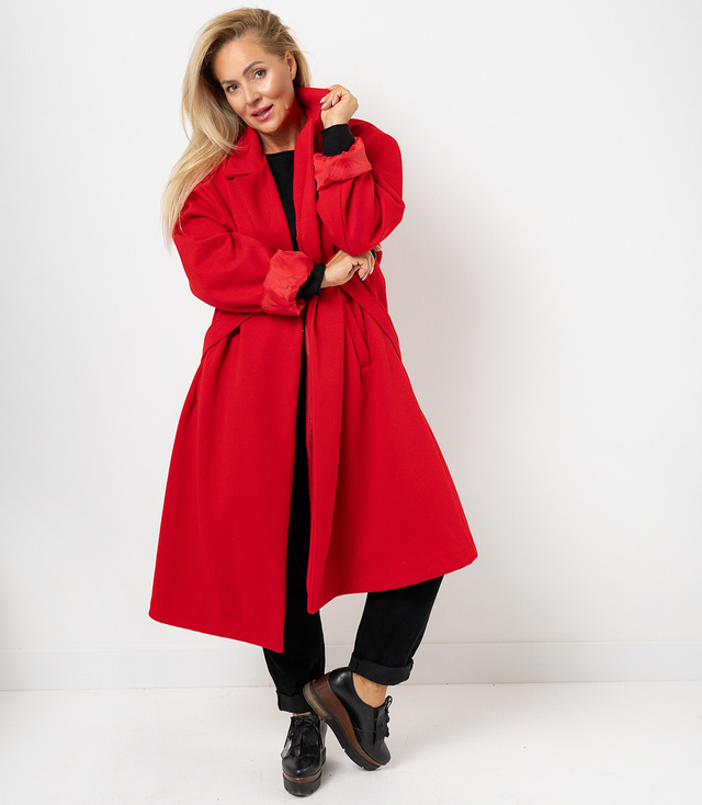 Women's long oversize coat with decorative belt KASIA