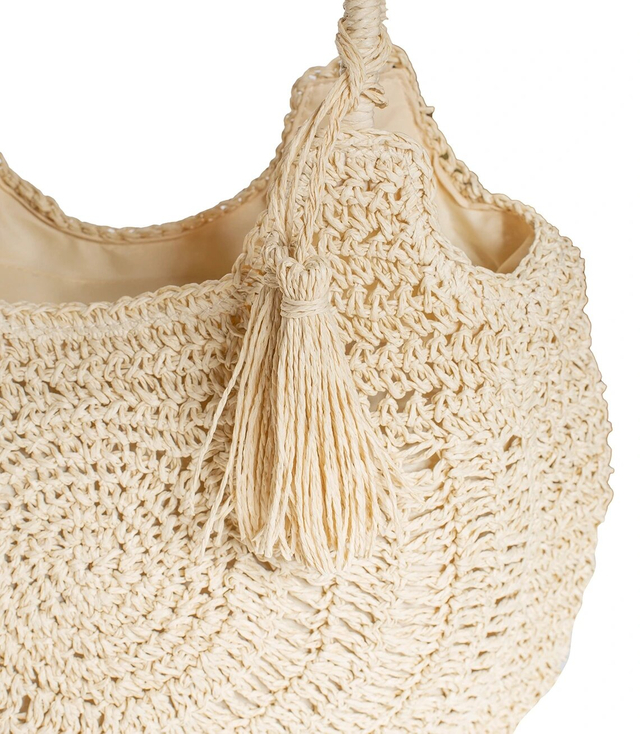 Large round straw beach bag, fully woven