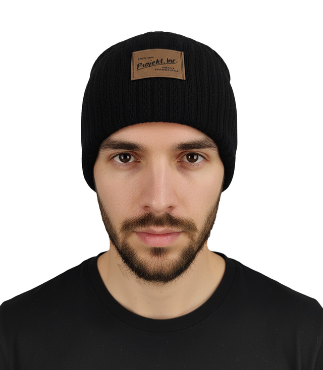 Knitted beanie hat with patch - style and comfort