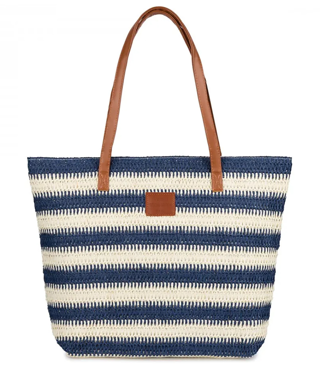 Large braided striped shoper bag with zipper closure