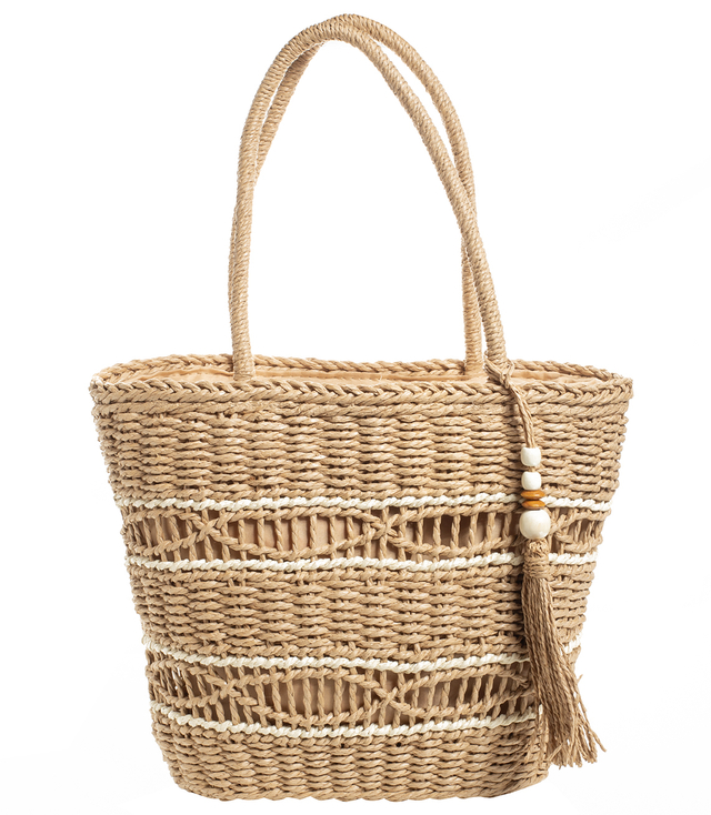 Medium basket, summer bag, stiff woven handbag with tassel